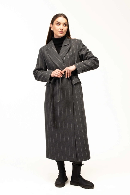 Жіноче пальто сіре в білу тонку смужку-8