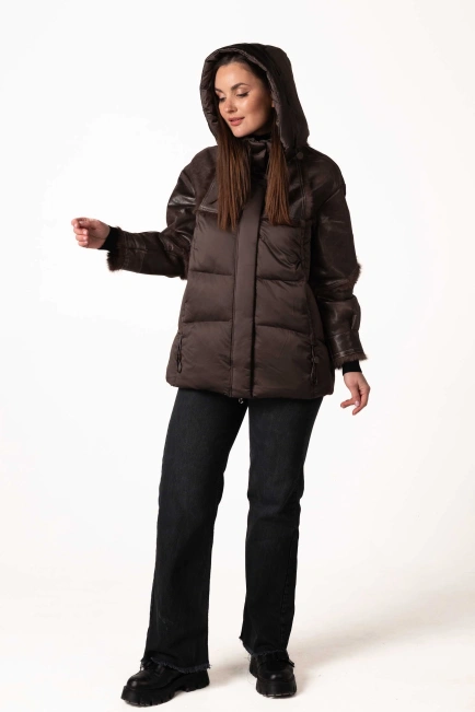 Біопуховик з шкіряними та хутряними вставками-8