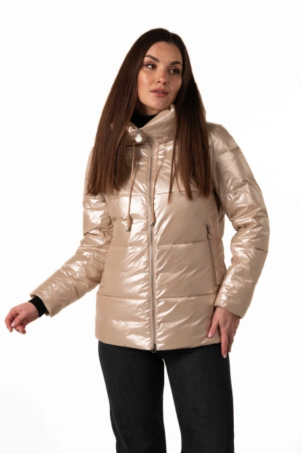Бежевий біопуховик з капюшоном для зими-4
