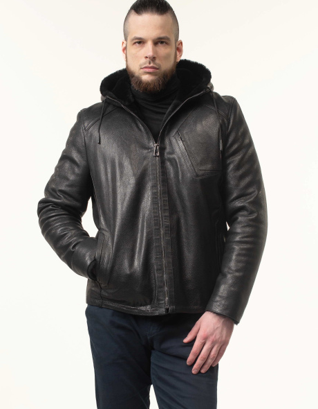 Шкіряна дублянка з капюшоном зимова