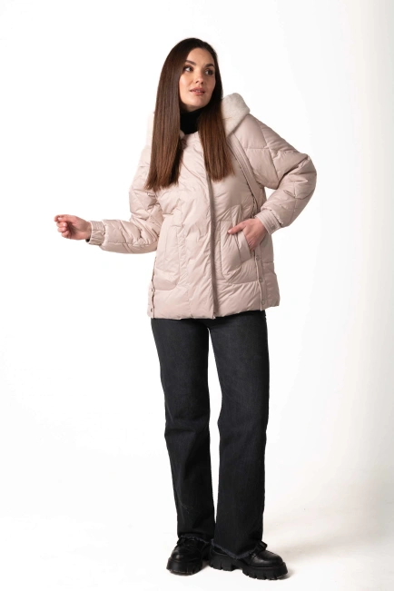 Біопуховик з екохутром світлий беж-10