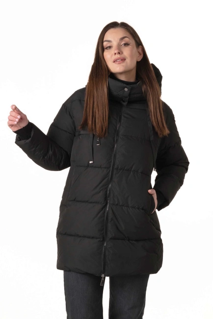 Жіночий чорний біопуховик зі знімним капюшоном-1