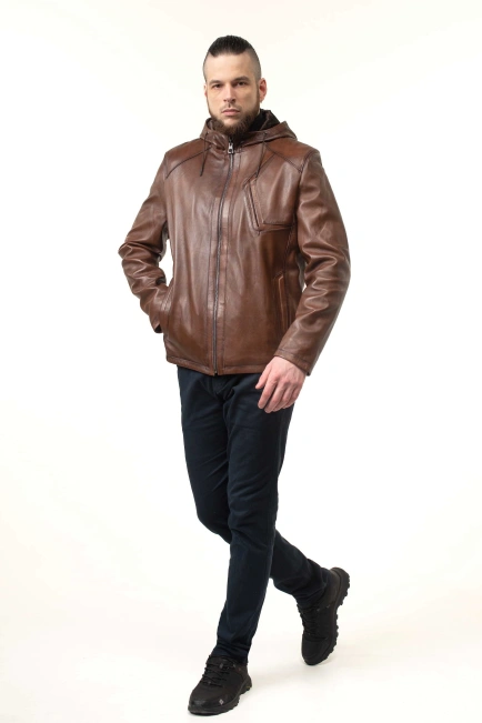 Шкіряна куртка чоловіча з кишенею на грудях-5