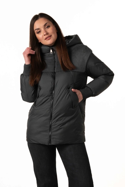 Біопуховик з екохутром темно-бірюзового кольору-4