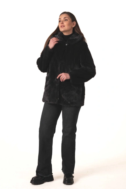 Жіноча норкова шуба графітового кольору зима-8