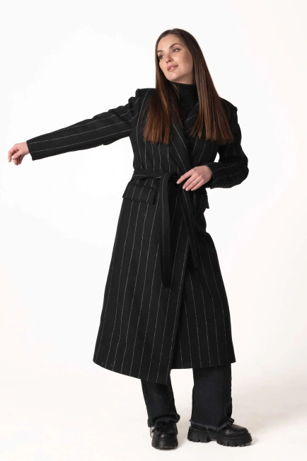 Жіноче класичне пальто чорне з білою смужкою-7