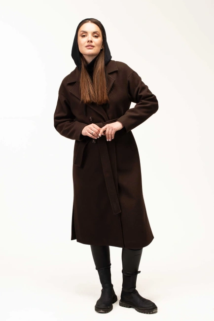 Женское коричневое пальто с чёрным капюшоном-8