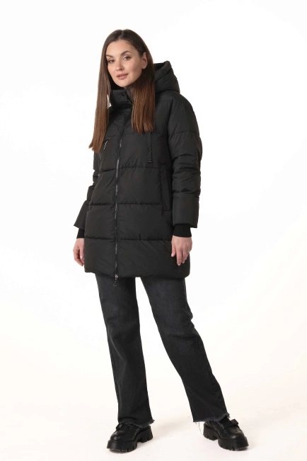 Жіночий чорний біопуховик зі знімним капюшоном-3