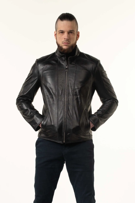 Чорна шкіряна куртка чоловіча з прострочками-4