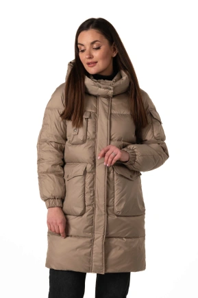 Бежевий біопуховик з декором на рукавчику