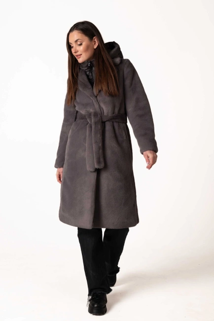 Шуба з екохутра темно-сірого кольору коміром-6
