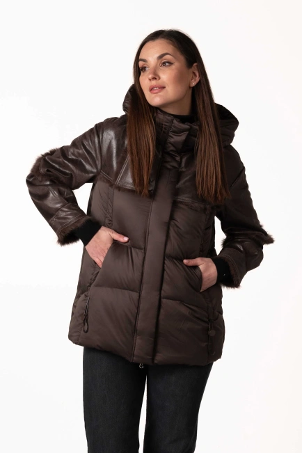 Біопуховик з шкіряними та хутряними вставками-4