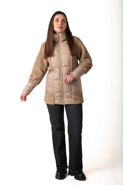 Біопуховик з екохутром бежевого кольору зима-3