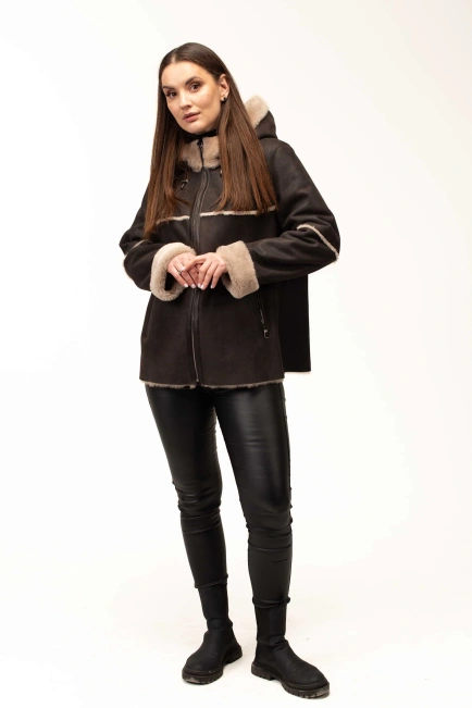 Жіноча кавова дублянка з теплим капюшоном-10