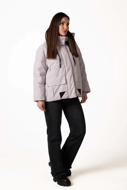 Жіночий світло-сірий біопуховик з капюшоном-7