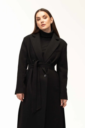 Жіноче пальто чорне з поясом довге