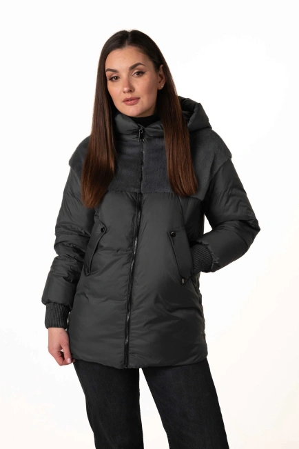 Біопуховик з екохутром темно-бірюзового кольору-1