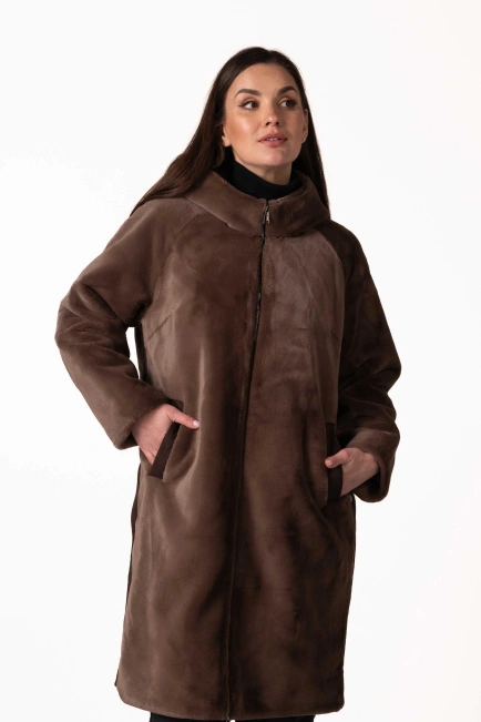 Шуба з екохутра коричнева пряма довга-4