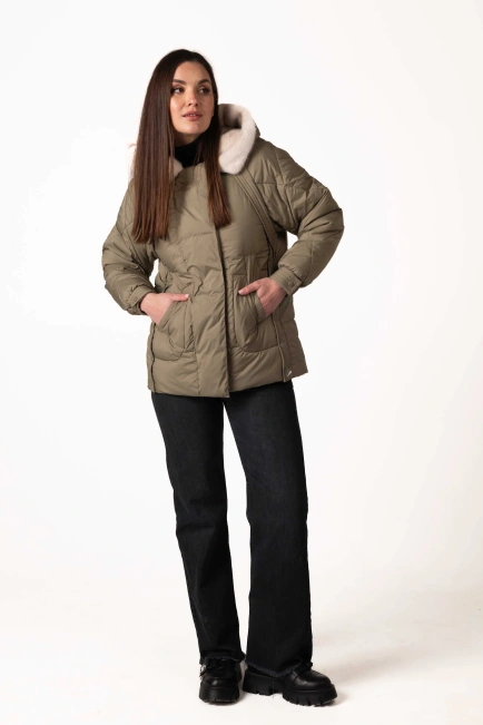 Біопуховик зеленого кольору з екохутром-6