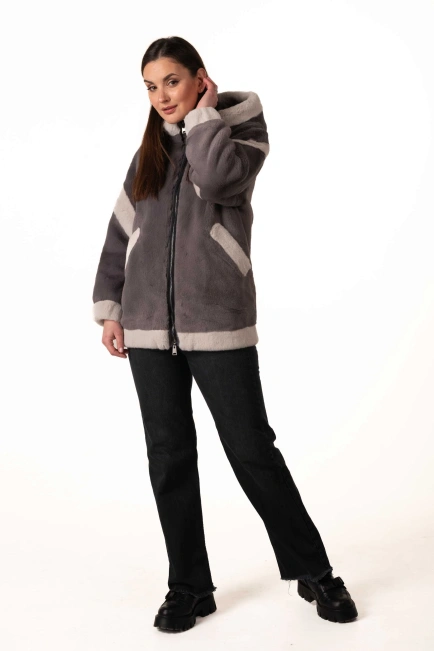 Шуба з екохутра сіра зі світлими вставками-9