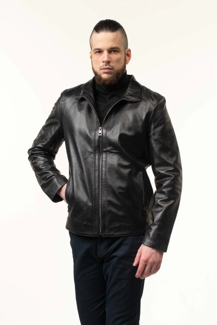 Чоловіча шкіряна куртка чорна гладка-10