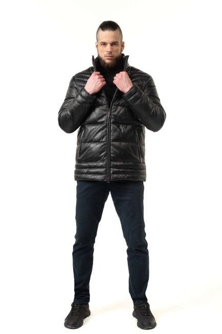 Чоловічий шкіряний біопуховик чорний-3