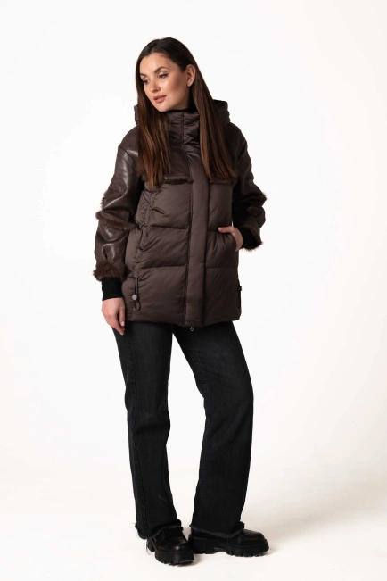 Біопуховик з шкіряними та хутряними вставками-7