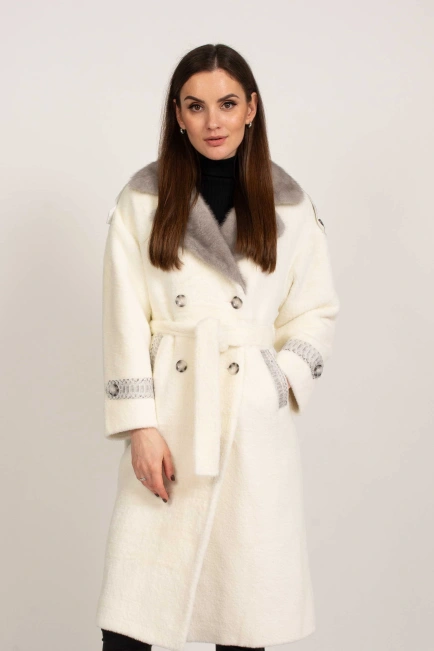 Двубортное меховое пальто белое-1