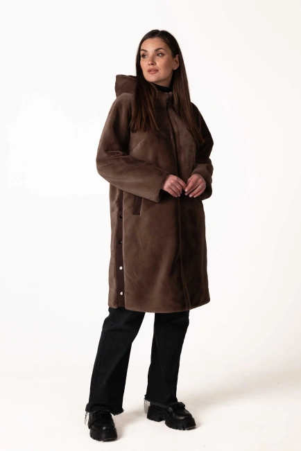 Шуба з екохутра коричнева пряма довга-7