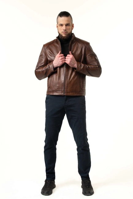 Шкіряна куртка чоловіча коричнева з прострочками-10