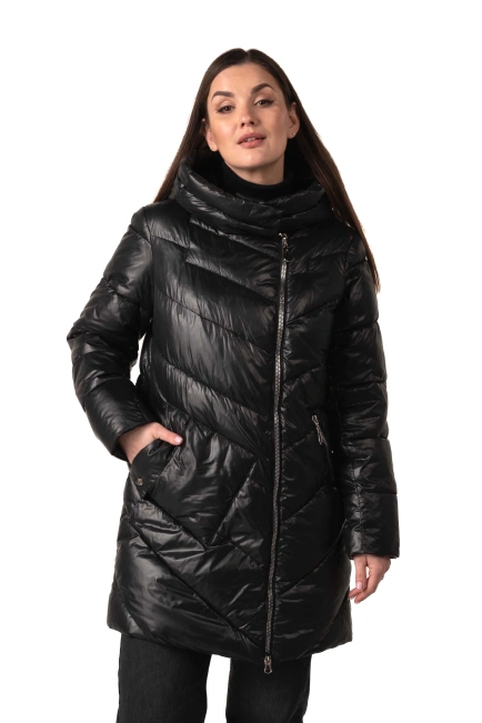 Жіночий чорний біопуховик з накладною кишенею-1