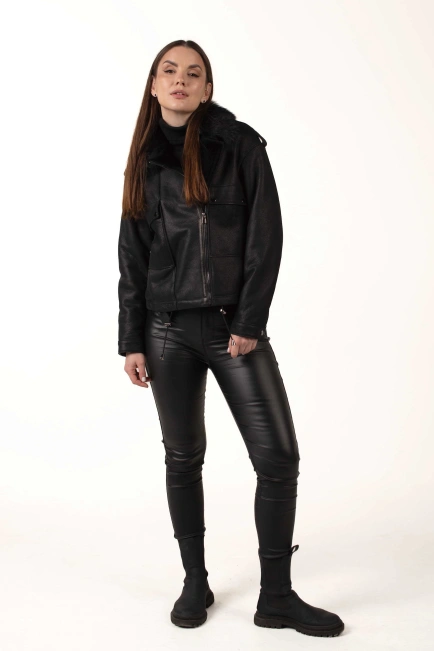 Женская черная дубленка с воротником из тосканы-9