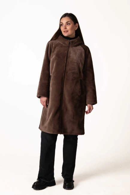 Шуба з екохутра коричнева пряма довга-3