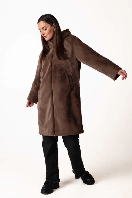 Шуба з екохутра коричнева пряма довга-8