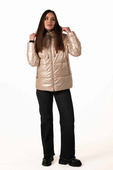 Бежевий біопуховик з капюшоном для зими-9