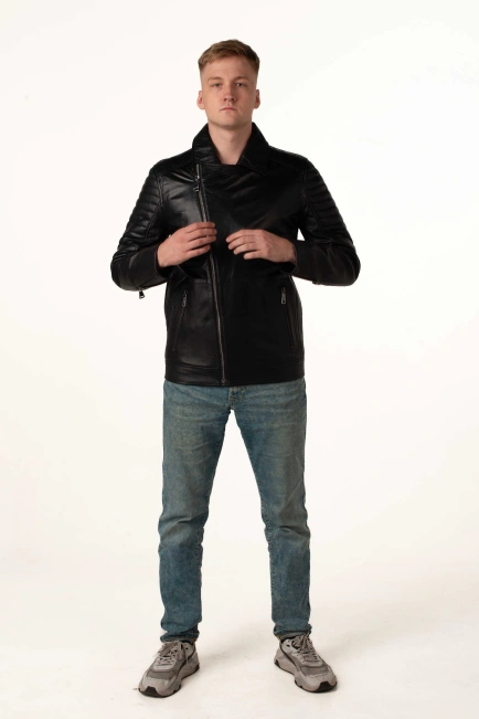 Чоловіча шкіряна куртка-косуха чорна-2