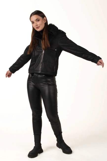 Женская черная дубленка с воротником из тосканы-6