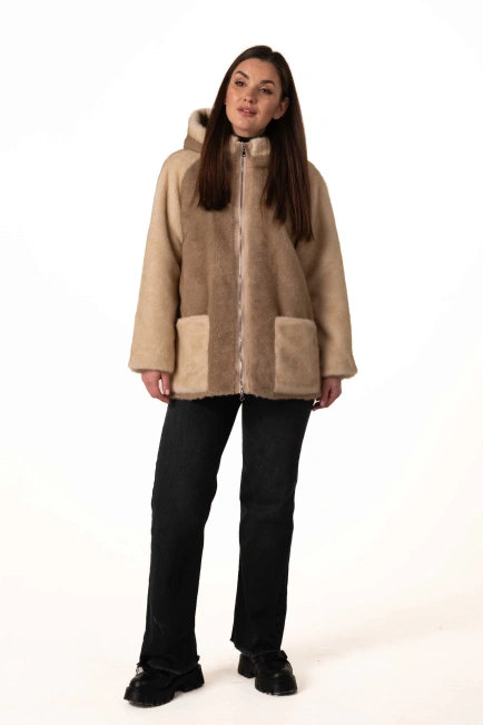 Шуба з екохутра в бежевих відтінках-8