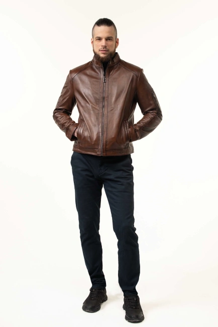 Шкіряна куртка чоловіча коричнева з прострочками-3