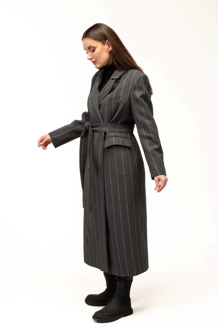 Жіноче пальто сіре в білу тонку смужку-5