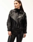 Жіноча чорна шкіряна куртка під резинку з комірцем-4