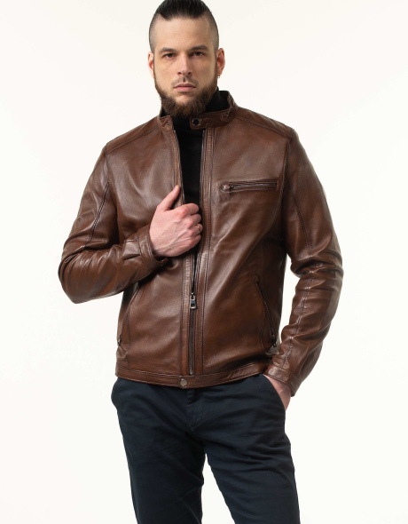 Шкіряна куртка чоловіча коричнева з коміром