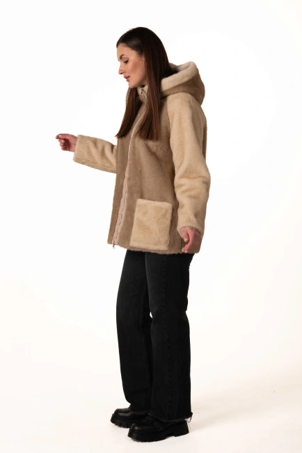 Шуба з екохутра в бежевих відтінках-5