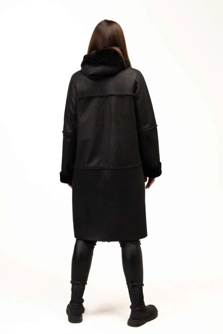 Жіноча чорна дублянка з капюшоном довга-2