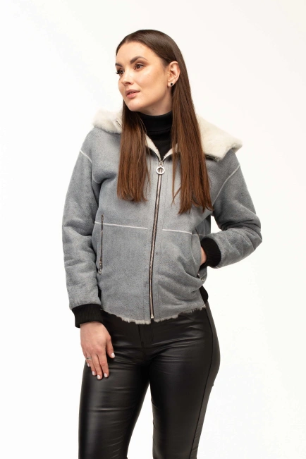 Жіноча сіра дублянка з капюшоном-4