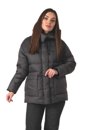 Темно-сірий біопуховик з капюшоном