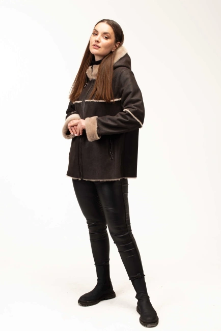 Жіноча кавова дублянка з теплим капюшоном-5