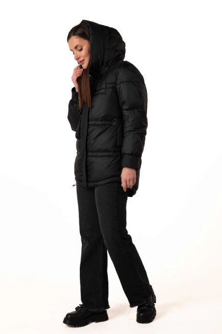 Чорний біопуховик з капюшоном і кулісками-10