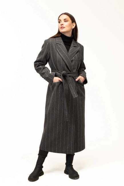 Жіноче пальто сіре в білу тонку смужку-10