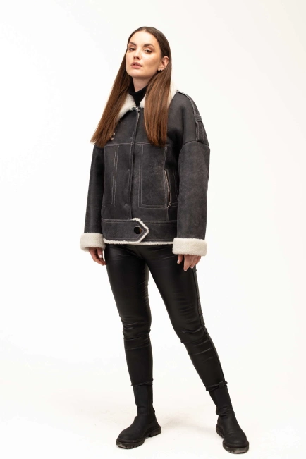 Жіноча сіра дублянка з комірцем з овчини-3